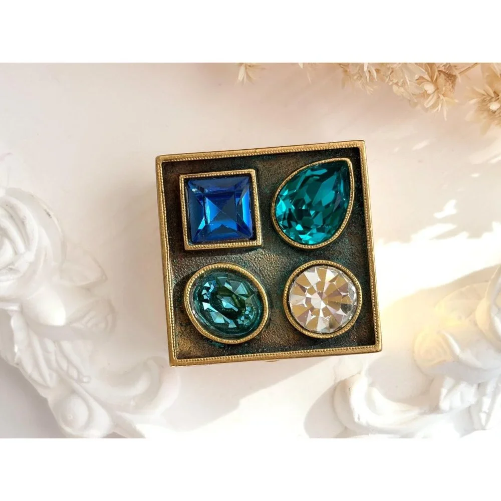 Rhinestone 80's Vintage Gold Toned Compact Mirror Trinket | Jewelry | Ring Box